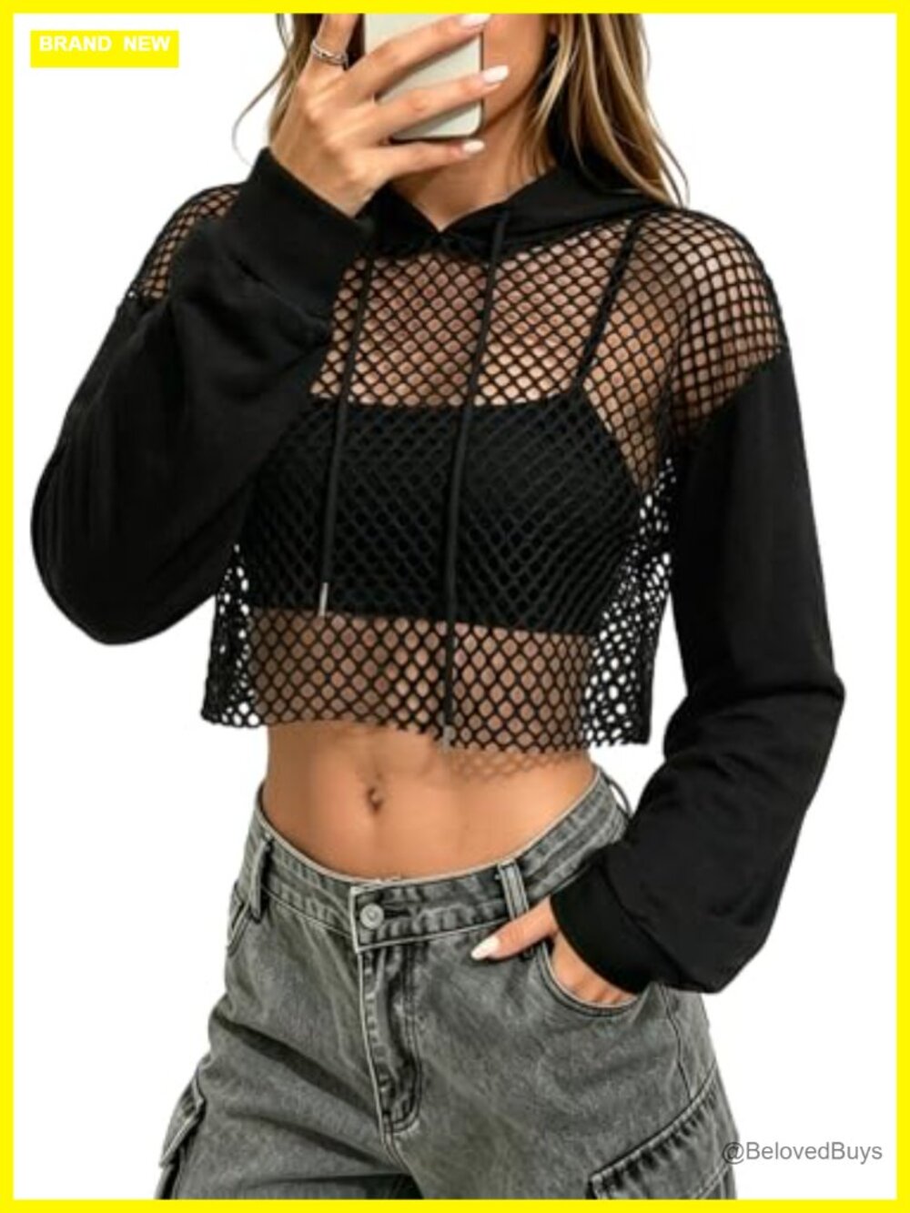Womens Cropped Fishnet Mesh Hoodie Long Sleeve Crop Top Sweatshirt